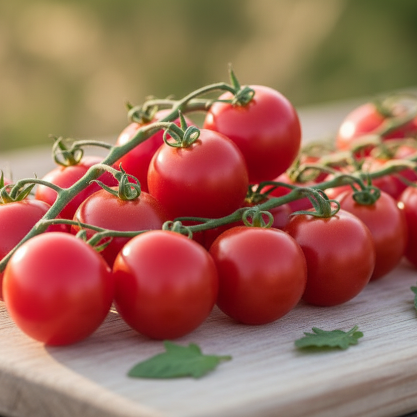 Red tomatoes on a wooden cutting board with a blurred natural background