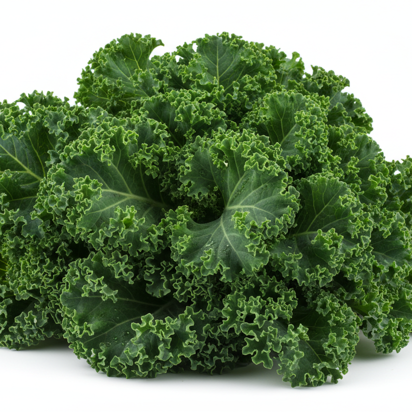 Green kale leaves on a white background