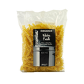 Packaged organic white fusilli pasta with a visible brand label on a white background