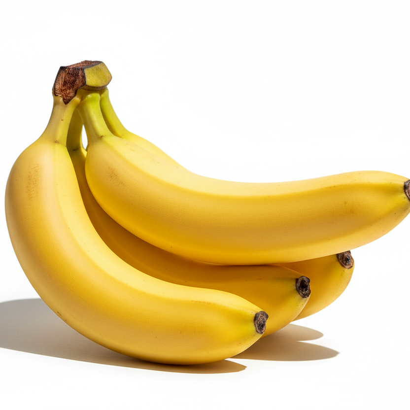 Three yellow bananas on a white background