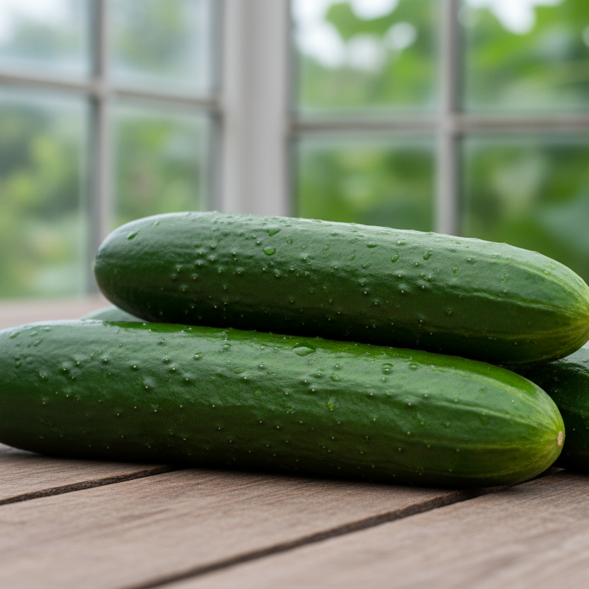 Three cucumbers on a wooden surface with a blurred green outdoor background swansea choice is yours