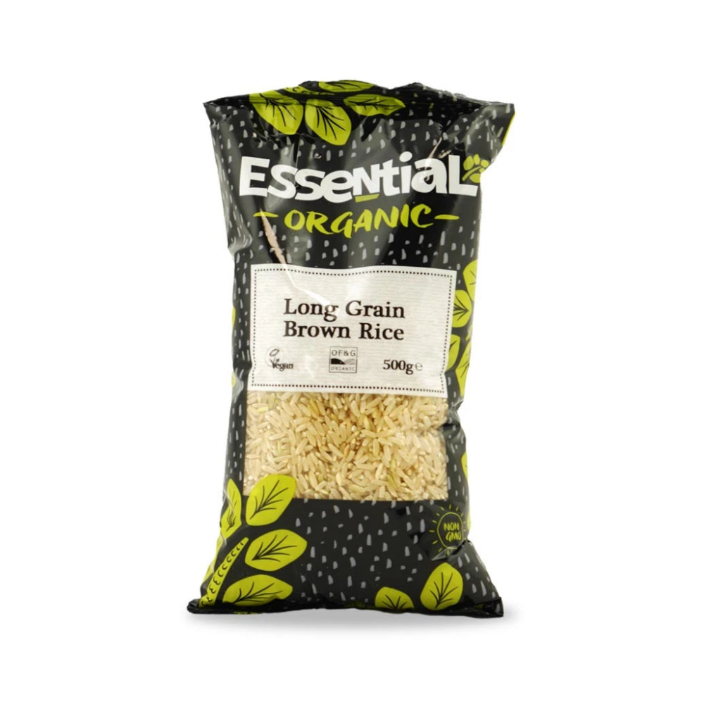 Bag of Essential Organic long grain brown rice on a white background