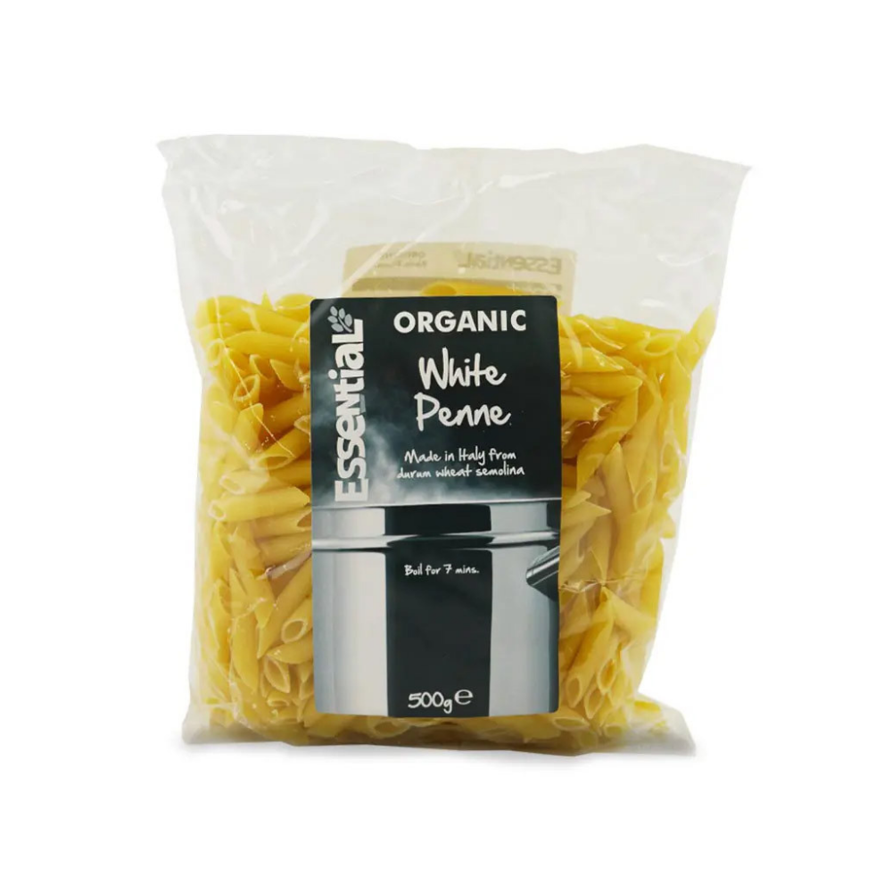 Pack of organic white penne pasta with a visible brand label on a white background